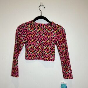 Wave Zone Girls Long Sleeve Crop Top M 7/8 Neon Leopard Print